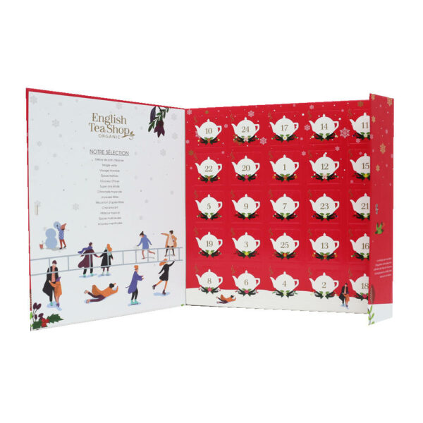 book style red advent calendar 25 loose leaf tea pyramid tea bags open